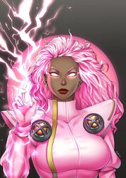  1girls big_breasts breasts dark-skinned_female dark_skin earrings female female_only fully_clothed glowing glowing_eyes lightning marvel marvel_comics ororo_munroe pink_clothing pink_hair solo storm_(x-men) thotlerrr treartz x-men x-men:_the_animated_series 