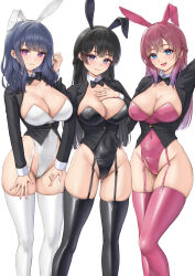  3girls absurdres animal_ears arm_up black_bow black_bowtie black_garter_straps black_hair black_hairband black_leotard black_shirt black_thighhighs blue_eyes blue_hair blush bow bowtie braid breasts cleavage closed_mouth collar collarbone commentary_request commission covered_navel detached_collar fingernails garter_straps grin groin hair_ornament hairband hairclip hand_on_own_chest highres koshimizu_toru kuramochi_meruto laimer large_breasts leotard long_hair long_sleeves looking_at_viewer multiple_girls nail_polish nijisanji open_mouth pink_eyes pink_garter_straps pink_hair pink_hairband pink_leotard pink_lips pink_nails pink_thighhighs pixiv_commission playboy_bunny rabbit_ears shirt simple_background smile thighhighs thighs tsukino_mito virtual_youtuber white_background white_collar white_garter_straps white_hairband white_leotard white_thighhighs 