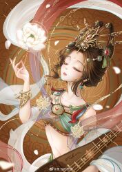  absurdres armlet bangs_pinned_back bare_shoulders bow brown_background brown_hair brown_shoes chinese_clothes chinese_commentary chinese_hairpin closed_eyes commentary_request cowboy_shot crop_top crown earrings eyelashes facial_mark female fingernails floral_background floral_print flower flower_earrings forehead forehead_mark gold_armlet gold_crown gold_earrings gold_necklace green_bow hagoromo hair_ornament hair_stick hairbow hand_up highres holding holding_instrument hoop_earrings instrument jewelry light_particles lipstick lotus lute_(instrument) makeup midriff navel necklace nikki_(series) object_floating_above_hand parted_lips petals print_shirt red_lips shawl shining_nikki shirt shoes short_hair sleeveless sleeveless_shirt soaring_plumes_(shining_nikki) solo updo white_flower xiaoyu_qixing 