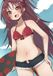  bikini blue_sky blush cloud commentary_request female fur-trimmed_shorts fur_trim innertube long_hair mahou_shoujo_madoka_magica mahou_shoujo_madoka_magica_(anime) micro_shorts navel oerba_yun_fang open_clothes open_fly open_mouth open_shorts paw_print polka_dot polka_dot_innertube ponytail red_bikini red_eyes red_hair sakura_kyoko shorts sky solo stomach swim_ring swimsuit urei-hibino 