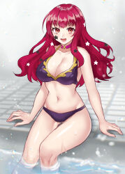  :d alternate_costume armpit_crease ass_visible_through_thighs bare_arms bare_shoulders bikini blush breasts choker cleavage collarbone commentary_request facial_mark female fire_emblem fire_emblem_engage groin hair_ornament hazuki_(nyorosuke) highres large_breasts long_hair looking_at_viewer navel open_mouth pink_choker pool poolside purple_bikini red_eyes red_hair sitting smile solo star_(symbol) star_facial_mark star_hair_ornament stomach swimsuit teeth thighs wading water wet yunaka_(fire_emblem) 