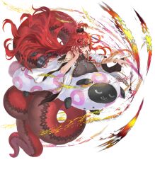  attack bare_shoulders black_scrunchie bracelet breasts capelet covered_navel fangs female fire_emblem fire_emblem_heroes full_body grey_leotard hair_ornament hair_scrunchie head_rest highres hip_armor holding holding_stuffed_toy holding_with_tail jewelry jormungandr_(fire_emblem) lamia large_breasts leotard long_hair looking_at_viewer magic monster_girl non-web_source official_art open_mouth outstretched_arm panties prehensile_tail red_hair red_ribbon red_scales ribbon scales scrunchie slit_pupils solo stuffed_animal stuffed_sheep stuffed_toy tail taut_clothes thong thong_panties tongue tongue_out topknot transparent_background underwear very_long_hair white_capelet yellow_eyes yoshiku_(oden-usagi) 