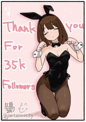  :o animal_ear_hairband animal_ears artist_name bare_shoulders black_bow black_bowtie black_hairband black_leotard black_shoes border bow bowtie breasts brown_hair closed_eyes commentary_request detached_collar english_text facing_viewer fake_animal_ears female full_body fuyudori_yukino hair_between_eyes hairband halftone halftone_outline hands_up highres kneeling leotard medium_hair milestone_celebration mole original outline pantyhose pink_background playboy_bunny rabbit_ears shoes side-tie_leotard simple_background solo twitter_username wrist_cuffs 