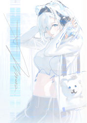  absurdres alternate_costume animal_ears arknights aurora_(arknights) bag bear_ears bear_girl blue_eyes breasts chinese_commentary commentary_request cowboy_shot cropped_hoodie dated extra_ears eyes_visible_through_hair female from_side grey_hair hair_over_one_eye hand_on_headphones hands_up headphones highres hood hood_down hoodie large_breasts long_hair looking_at_viewer looking_to_the_side midriff one_eye_covered pants parted_bangs parted_lips signature sleeves_past_wrists solo tote_bag yoga_pants yomi_tamashi 