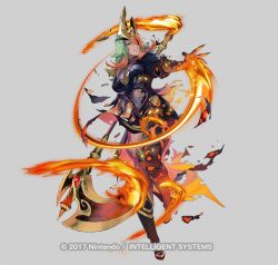  armor asymmetrical_legwear battle_damage black_armor black_gloves bodystocking breasts cleavage clenched_teeth commentary_request covered_navel dark-skinned_female dark_skin eyepatch female fire fire_emblem fire_emblem_heroes gloves gradient_hair green_hair hair_over_one_eye headpiece holding holding_scythe holding_weapon laegjarn_(fire_emblem) laegjarn_(flame_miracle)_(fire_emblem) large_breasts looking_at_viewer maeshima_shigeki medium_hair mismatched_legwear multicolored_hair official_alternate_costume official_alternate_hairstyle official_art open_mouth orange_hair pelvic_curtain red_eyes scythe shoulder_armor single_thighhigh solo teeth thighhighs thighs torn_clothes weapon 