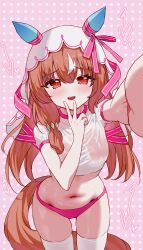  absurdres animal_ears arm_up blush breasts brown_hair brown_tail buruma ear_covers female gym_shirt hair_ribbon heart highres horse_ears horse_girl horse_tail long_hair looking_at_viewer medium_breasts multicolored_hair navel open_mouth outstretched_arm pink_background pink_buruma pink_ribbon polka_dot polka_dot_background red_eyes ribbon shirt short_sleeves skindentation smile still_in_love_(umamusume) stomach streaked_hair tail tandohark teeth thighhighs thighs umamusume upper_teeth_only v v_over_mouth veil white_shirt white_streaks white_thighhighs white_veil 