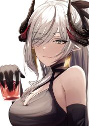  \||/ absurdres bare_shoulders black_choker black_dress black_gloves black_horns blue_archive breasts choker cleavage closed_mouth commentary_request criss-cross_halter cup demon_girl demon_horns dress earrings elbow_gloves eyelashes eyes_visible_through_hair female glass gloves green_eyes grey_hair halterneck hand_up highres holding holding_cup horns jewelry large_breasts light_smile long_hair looking_at_viewer makoto_(blue_archive) makoto_(dress)_(blue_archive) multiple_horns official_alternate_costume oiru_(613) parted_bangs partial_commentary pointy_ears sidelocks simple_background sleeveless sleeveless_dress solo swept_bangs tsurime upper_body white_background 