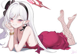  :d armpit_crease black_choker black_hairband blue_archive breasts choker commentary_request dress earrings feet female fishnets full_body gold_bangle hairband halo hand_on_own_face highres jewelry long_hair looking_at_viewer lying mutsuki_(blue_archive) mutsuki_(dress)_(blue_archive) on_stomach pointy_ears purple_eyes red_dress red_halo side_ponytail small_breasts smile soles the_pose toes white_background white_hair yizi_(yizi_official) 