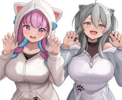  2girls absurdres ahoge alternate_costume animal_ear_piercing animal_ears animal_hood bare_shoulders black_nails black_shirt blue_hair blue_nails blush braid breasts cat_hood claw_pose cleavage collarbone colored_inner_hair commentary_request dyed_ahoge fingernails grey_eyes grey_hair hair_between_eyes hands_up highres hololive hood hoodie lace-trimmed_shirt lace_trim large_breasts lion_ears lion_girl long_hair long_sidelocks long_sleeves looking_at_viewer minato_aqua multicolored_hair multiple_girls nail_polish nervous_smile oerba_yun_fang off_shoulder open_mouth paw_print piercing purple_eyes purple_hair ramkilog see-through_cleavage see-through_clothes shirt shishiro_botan sidelocks simple_background skin_fang sleeves_past_wrists smile streaked_hair twin_braids twintails two-tone_hair upper_body virtual_youtuber white_background white_hood white_hoodie 