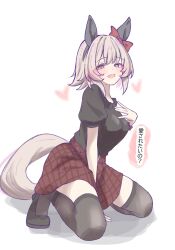  animal_ears black_hairband black_shirt black_shoes black_thighhighs blush bow breasts commentary_request curren_chan_(umamusume) ear_bow ear_covers female grey_hair hair_between_eyes hairband highres horse_ears horse_girl horse_tail looking_at_viewer medium_breasts oerba_yun_fang open_mouth purple_eyes red_bow red_skirt shirt shoes short_hair short_sleeves skirt smile solo tail thighhighs tofu_thunder umamusume 