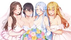  4girls absurdres bare_shoulders black_hair blonde_hair blue_eyes blush bouquet breasts brown_eyes brown_hair cleavage closed_mouth collarbone dress earrings elbow_gloves flower game_asset gloves grey_hair hair_flower hair_ornament hair_over_shoulder highres holding holding_bouquet jewelry large_breasts looking_at_viewer mole mole_on_breast mole_under_eye multiple_girls necklace non-web_source off-shoulder_dress off_shoulder official_art open_mouth red_eyes s.u._(simpleu818) self-datamine shinonome_ayano shinonome_kasumi shinonome_shizuku sizuko_(summer_clover) summer_clover tiara transparent_background veil wedding_dress white_dress white_gloves 