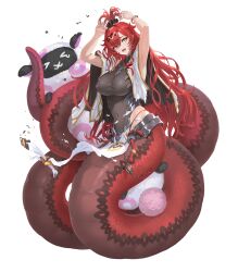  bare_shoulders black_scrunchie bracelet breasts capelet covered_navel fangs female fire_emblem fire_emblem_heroes full_body grey_leotard hair_ornament hair_scrunchie hand_to_own_mouth highres hip_armor holding holding_stuffed_toy holding_with_tail jewelry jormungandr_(fire_emblem) lamia large_breasts leotard long_hair looking_at_viewer monster_girl non-web_source official_art open_mouth panties pelvic_curtain prehensile_tail red_hair red_ribbon red_scales ribbon scales scrunchie slit_pupils solo stuffed_animal stuffed_sheep stuffed_toy tail taut_clothes thong thong_panties topknot torn_clothes transparent_background underwear very_long_hair white_capelet yellow_eyes yoshiku_(oden-usagi) 