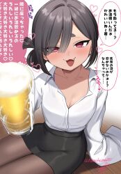  black_hair black_pantyhose black_skirt blush chiisai-senpai_(kazepana) commentary_request dark-skinned_female dark_skin dress_shirt drunk eyes_visible_through_hair fangs female hair_over_one_eye highres kazepana long_sleeves looking_at_viewer miniskirt office_lady on_floor open_collar open_mouth original oversized_clothes oversized_shirt pantyhose partially_unbuttoned pencil_skirt raised_inner_eyebrows red_eyes shirt short_eyebrows short_hair signature sitting skirt sleeves_past_fingers sleeves_past_wrists smug solo speech_bubble teasing thick_eyebrows translation_request twitter_username white_shirt wooden_floor 