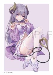  ass babydoll border breasts collarbone commentary_request female full_body garter_straps grey_background grey_hair grey_sandals hair_between_eyes hands_up holding horns jacket long_hair long_sleeves medium_breasts nanashi_inc. ne-on official_art open_clothes open_jacket puffy_long_sleeves puffy_sleeves purple_eyes purple_jacket saionji_mary saionji_mary_(7th_costume) sample_watermark sandals skirt sleeves_past_wrists solo tail tail_around_own_leg tail_wrap thighhighs very_long_hair watermark white_border white_skirt white_thighhighs 