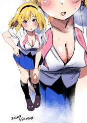  ? aged_up black_hairband black_socks blonde_hair blue_skirt blush bow bowtie breasts brown_shoes cleavage commentary_request dated female hairband hand_on_own_hip hand_on_own_knee highres higurashi_no_naku_koro_ni higurashi_no_naku_koro_ni_gou houjou_satoko leaning_forward looking_at_viewer medium_breasts multiple_views onuma_kuma open_clothes open_shirt pink_bow pink_bowtie pleated_skirt purple_eyes school_uniform shirt shoes skirt socks st._lucia_academy_school_uniform white_shirt 