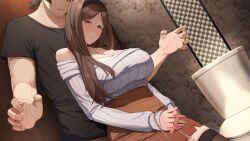  1boy black_hairband black_thighhighs blush breasts brown_eyes brown_hair cleavage closed_mouth faceless faceless_male female game_asset hairband high-waist_skirt highres indoors jewelry large_breasts long_sleeves looking_at_another looking_back necklace non-web_source off-shoulder_sweater off_shoulder official_art own_hands_clasped own_hands_together s.u._(simpleu818) self-datamine shinonome_kasumi shirt short_sleeves skirt summer_clover sweater thighhighs toilet 