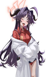  absurdres ahoge black_hair black_horns blue_archive blush closed_eyes coat coat_partially_removed collared_shirt commentary_request danyun_03 demon_horns fangs female hair_intakes halo highres horns kasumi_(blue_archive) lab_coat long_hair long_sleeves open_mouth red_halo red_shirt shirt sleeves_past_fingers sleeves_past_wrists smile tongue tongue_out very_long_hair white_coat 