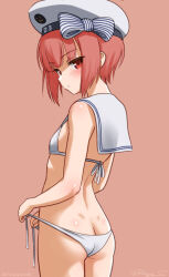  ass bikini breasts brown_background brown_hair butt_crack commentary_request dated female hat kantai_collection looking_at_viewer looking_back lowleg lowleg_bikini one-hour_drawing_challenge ray.s red_eyes sailor_bikini sailor_collar sailor_hat short_hair side-tie_bikini_bottom small_breasts solo swimsuit twitter_username tying white_bikini white_hat z3_max_schultz_(kancolle) z3_max_schultz_(swimsuit)_(kancolle) 