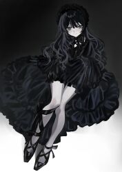  akai_ringo_(eveyuno) black_bonnet black_dress black_gloves black_hair black_hairband black_ribbon bonnet bow bowtie closed_mouth dress female frilled_dress frilled_hairband frilled_sleeves frills from_above full_body gloves goth_fashion gothic_lolita grey_eyes hair_between_eyes hairband highres leg_ribbon legs lolita_fashion lolita_hairband long_hair long_sleeves looking_at_viewer looking_up original pale_skin ribbon sitting smile solo wavy_hair 