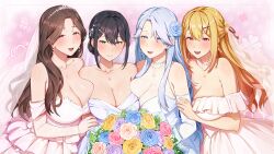  4girls bare_shoulders black_hair blonde_hair blue_eyes blush bouquet breasts brown_eyes brown_hair cleavage closed_mouth collarbone dress earrings elbow_gloves flower game_asset gloves grey_hair hair_flower hair_ornament hair_over_shoulder highres holding holding_bouquet jewelry large_breasts looking_at_viewer mole mole_on_breast mole_under_eye multiple_girls necklace non-web_source off-shoulder_dress off_shoulder official_art open_mouth red_eyes s.u._(simpleu818) self-datamine shinonome_ayano shinonome_kasumi shinonome_shizuku sizuko_(summer_clover) summer_clover tiara veil wedding_dress white_dress white_gloves 
