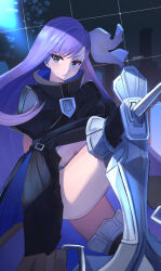  armored_boots black_jacket blue_eyes blue_ribbon boots breasts commentary cropped_jacket daweykun fate/extra fate/extra_ccc fate_(series) female hair_ribbon highres jacket long_hair long_sleeves looking_at_viewer meltryllis_(fate) navel prosthesis prosthetic_leg purple_hair ribbon sleeves_past_fingers sleeves_past_wrists small_breasts solo very_long_hair 