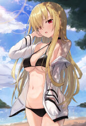 9-nine- absurdres armpit_crease bare_shoulders bikini black_bikini blonde_hair blue_sky blush breasts cleavage cloud commentary cowboy_shot criss-cross_halter dappled_sunlight day eyes_visible_through_hair female furrowed_brow ghost_(9-nine-) groin hair_between_eyes halterneck hand_in_pocket hand_up highres hood hoodie hot large_breasts lens_flare long_hair long_sleeves looking_at_viewer navel open_clothes open_hoodie open_mouth outdoors red_eyes sky solo sparkle straight_hair summer sunlight swimsuit takoyaki032002 tsurime underboob very_long_hair white_hoodie wide_sleeves 