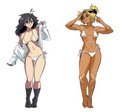  2girls abs antenna_hair bandaid bandaid_on_cheek bandaid_on_face beck_shiloh bikini black_eyes black_hair black_socks blonde_hair blush breasts cassandra_(spicymancer) commentary cross_scar dark-skinned_female dark_skin english_commentary hair_tie highres linea_alba medium_breasts micro_bikini multicolored_hair multiple_girls multiple_scars navel open_clothes open_shirt original rumble_after_dark scar scar_on_arm scar_on_cheek scar_on_face scar_on_leg scar_on_shoulder scar_on_stomach shirt side-tie_bikini_bottom sleeves_past_wrists socks spicymancer streaked_hair swimsuit tiptoes toned toned_female two-tone_hair underboob white_shirt 