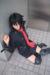  ari_(model) blue boots cosplay hige highres necktie overcoat photo tagme_character tagme_series thigh_boots thighhighs tie wolf wolf&#039;s_rain 