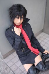  ari_(model) blue boots cosplay hige highres necktie overcoat photo tagme_character tagme_series thigh_boots thighhighs tie wolf wolf&#039;s_rain 