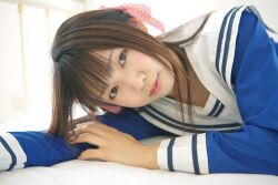  bed cosplay hair_ribbon hair_ribbons photo ribbon sailor sailor_uniform sakura_yayoi school_uniform serafuku twintails 