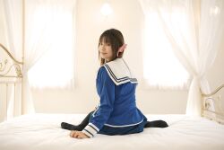  bed cosplay hair_ribbon hair_ribbons photo ribbon sailor sailor_uniform sakura_yayoi school_uniform serafuku thigh-highs thighhighs twintails 