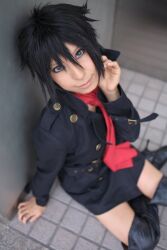  ari_(model) blue boots cosplay hige highres necktie overcoat photo tagme_character tagme_series thigh_boots thighhighs tie wolf wolf&#039;s_rain 