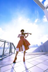  cosplay evening_gown highres hino_kahoko instrument kiniro_no_corda kouzuki_suzuka photo red_hair red_hair violin 