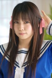  cosplay hair_ribbon hair_ribbons highres photo ribbon sailor sailor_uniform sakura_yayoi school_uniform serafuku twintails 