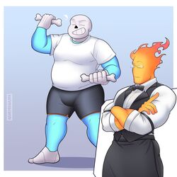  2boys 2d bara buff chubby chubby_male color commission gay grillby impressing male male/male male_only monster monster_boy muscles muscular muscular_male redeyedgazer repost sans undertale undertale_(series) 