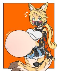  animal_ears belt big_belly blonde_hair blush breasts cat_ears cat_girl cat_tail choker crop_top cropped_jacket fingerless_gloves flat_color furry furry_female gloves highres large_breasts mask mole mole_on_stomach mouth_mask outie_navel ponytail pregnant pulchra_fellini shorts slit_pupils tail zenless_zone_zero 