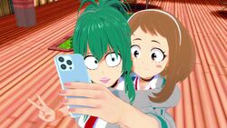  2girls 3d animated big_breasts brown_eyes brown_hair clothed eight69 female female_deku female_only freckles genderswap_(mtf) green_eyes green_hair hug izuku_midoriya koikatsu_(medium) lipstick mp4 my_hero_academia no_sound ochako_uraraka phone pigtails rule_63 school_uniform selfie tagme unicorn v_sign video wholesome 