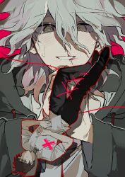  2boys absurdres ahoge black_pants black_shoes blood blush brown_eyes brown_hair chinese_commentary closed_mouth commentary_request danganronpa_(series) danganronpa_2:_goodbye_despair drawstring eyes_visible_through_hair grey_hair grin hair_between_eyes highres hinata_hajime hood hood_down hooded_jacket jacket komaeda_nagito kukirpg_457 long_bangs long_sleeves male_focus multiple_boys nosebleed pants red_background ringed_eyes shirt shoes short_hair short_sleeves simple_background smile string string_of_fate sweat white_shirt yaoi 