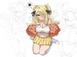  +++ absurdres apron black_eyes blonde_hair blush bow bowtie breasts cheerleader cleavage clenched_teeth closed_mouth clothes_writing commentary_request cosplay crop_top cynthia_(pokemon) dress elbow_gloves ellen_joe ellen_joe_(cosplay) embarrassed english_text eyes_visible_through_hair female furrowed_brow garchomp gloves hair_ornament hair_over_one_eye hairclip heart highres holding holding_pom_poms holding_wand kneehighs korean_commentary large_breasts long_sleeves looking_at_viewer looking_down magical_girl maid maid_apron maid_headdress midriff miniskirt multiple_views navel open_mouth piribuisguy pleated_skirt poke_ball pokemon pokemon_(creature) pokemon_diamond/pearl/platinum pom_pom_(cheerleading) puffy_long_sleeves puffy_sleeves seiza sharp_teeth shiny_skin shirt shoes sitting sketch_inset skirt sleeveless sleeveless_shirt sneakers socks spoken_squiggle squiggle standing sweat teeth thighhighs twintails v-shaped_eyebrows wand wavy_mouth white_background white_shirt white_shoes white_socks yellow_skirt zenless_zone_zero 