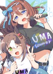  2girls animal_ears belt black_belt black_shirt blue_eyes blue_pants blush bow braid breasts brown_hair clothes_writing clover_hair_ornament commentary_request crop_top crop_top_overhang cropped_shirt denim ear_bow fine_motion_(umamusume) green_eyes hair_between_eyes hair_bun hair_ornament hair_ribbon highres holding holding_microphone horse_ears horse_girl horse_tail jeans large_breasts long_hair looking_at_viewer microphone midriff multicolored_hair multiple_girls namatyoco one_eye_closed open_mouth pants ribbon shirt smile streaked_hair super_creek_(umamusume) tail uma_summer_(umamusume) umamusume v very_long_hair white_hair white_shirt 