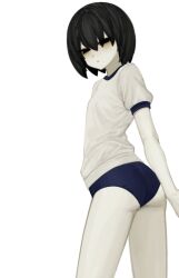  arm_behind_back ass black_eyes black_hair blue_buruma blue_trim blush bob_cut breasts buruma cowboy_shot empty_eyes expressionless female from_side gym_shirt gym_uniform hair_over_eyes highres looking_at_viewer looking_to_the_side monogatari_(series) narrowed_eyes oshino_ougi pale_skin parted_lips shin1kake shirt short_hair short_sleeves simple_background small_breasts solo standing t-shirt twisted_torso white_background white_shirt 
