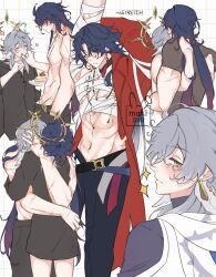  2boys ^_^ absurdres ahoge alternate_costume arms_up artist_name bandaged_chest bandages_over_clothes black_hair black_pants black_shirt blade_(honkai:_star_rail) blush bottomless buttons cake cake_slice checkered_background chinese_clothes closed_eyes closed_mouth collarbone collared_shirt cowboy_shot earrings eating empty_eyes english_commentary feathered_wings flower food food_on_face fork four-pointed_star from_behind from_side fruit gold_earrings grey_hair hair_between_eyes hair_over_one_eye half-closed_eyes halo halo_behind_head hand_in_pocket hand_on_another's_face hand_on_another's_head head_on_another's_shoulder head_wings heart heart_ahoge highres holding holding_fork holding_plate honkai:_star_rail honkai_(series) hug icing jacket jewelry lapels licking_lips long_hair long_shirt long_sleeves looking_at_viewer looking_back looking_to_the_side maki0xu male_focus mortenax_blade_(honkai:_star_rail) multiple_boys multiple_views muscular muscular_male navel necklace one_eye_closed open_clothes open_jacket pants piercing pink_flower plate purple_shirt red_eyes red_jacket scar scarf shirt short_hair sidelocks single_earring smile strawberry sunday_(honkai:_star_rail) t-shirt tassel tassel_earrings tongue tongue_out topless_male turtleneck turtleneck_shirt upper_body utensil_in_mouth very_long_hair wavy_hair white_background white_scarf wing_piercing wings yaoi yellow_eyes 