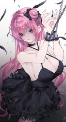  absurdres arms_up bare_arms bare_shoulders black_bow black_choker black_dress black_feathers black_flower black_rose bow braid breasts chained chained_wrists chains choker cleavage commentary cowboy_shot criss-cross_halter crown_braid crying crying_with_eyes_open cuffs dorothy_(nikke) dorothy_(nostalgia)_(nikke) dress empty_eyes falling_feathers feathers female flower frilled_wrist_cuffs frills goddess_of_victory:_nikke gradient_background grey_background hair_between_eyes hair_bun hair_flower hair_ornament hairbow halter_dress halterneck highres large_breasts leaf_hair_ornament long_hair looking_ahead looking_to_the_side official_alternate_costume parted_lips pink_hair po_poko purple_eyes rose shackles single_side_bun solo standing tears two-tone_background very_long_hair white_background wrist_cuffs 