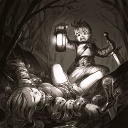  1boy armor belt blood breastplate breasts closed_eyes commentary_request fantasy feet_out_of_frame female forest gloves grabbed_by_tentacles highres holding holding_lamp holding_sword holding_weapon jacket jun_(navigavi) light_blush long_hair long_sleeves looking_at_another lying making-of_available medium_breasts monochrome nature night nosebleed open_mouth original outdoors pants parted_lips planted planted_sword ponytail shirt shorts sweat sword teeth tentacle variant_set weapon 