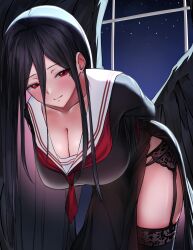  arms_behind_back black_hair black_shirt black_skirt black_thighhighs black_wings blue_archive breasts cleavage closed_mouth colored_inner_hair commentary_request cowboy_shot double-parted_bangs feathered_wings female garter_belt garter_straps gradient_hair hair_between_eyes hasumi_(blue_archive) highres indoors lace-trimmed_garter_belt lace-trimmed_thighhighs lace_trim large_breasts leaning_forward long_hair long_hair_between_eyes long_skirt long_sleeves looking_at_viewer low_wings maya_nishino mole mole_under_eye multicolored_hair neckerchief night pink_hair red_eyes red_neckerchief sailor_collar shirt side_slit skirt smile solo star_(sky) thighhighs very_long_hair white_sailor_collar window wings 