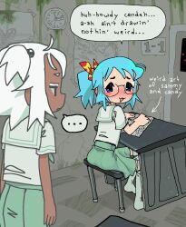  ... 2girls bleedforever blue_eyes blue_hair blush candy_(bleedforever) chair clock colored_eyelashes dark-skinned_female dark_skin embarrassed english_text freckles glasses green_neckerchief green_skirt highres himejoshi indoors jitome looking_at_another looking_back multiple_girls neckerchief on_chair one_side_up opaque_glasses original paper pencil ponytail sailor_collar sammy_wolf_(bleedforever) school_uniform serafuku skirt speech_bubble sweatdrop thighhighs white_eyelashes white_hair white_sailor_collar white_thighhighs yuri_(object) 