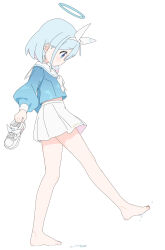  absurdres ame_miya_ta arona_(blue_archive) bare_legs barefoot blue_archive blue_eyes blue_hair blue_halo blue_shirt blush bow_hairband braid choker closed_mouth colored_inner_hair commentary_request feet female from_side full_body hairband halo highres holding holding_unworn_clothes holding_unworn_shoes leg_up multicolored_hair neckerchief pink_hair pleated_skirt sailor_collar shirt shoes short_hair simple_background single_braid skirt solo standing toes unworn_shoes walking water white_background white_choker white_hairband white_neckerchief white_sailor_collar white_shoes white_skirt 