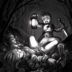  1boy armor belt blood breastplate breasts closed_eyes commentary_request fantasy feet_out_of_frame female forest gloves grabbed_by_tentacles highres holding holding_lamp holding_sword holding_weapon jacket jun_(navigavi) light_blush long_hair long_sleeves looking_at_another lying medium_breasts monochrome nature night nosebleed open_mouth original outdoors pants parted_lips planted planted_sword ponytail shirt shorts sweat sword teeth tentacle variant_set weapon 