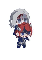  2boys ahoge aotsuki_eito black_jacket black_pants blood blood_on_face carrying chibi chibi_only chinese_commentary commentary_request empty_eyes gakuran glasses gloves grey_hair highres jacket last_defense_academy_school_uniform male_focus multicolored_hair multiple_boys no_feet no_hands open_mouth pants red_hair school_uniform short_hair shoulder_carry simple_background streaked_hair sumino_takumi the_hundred_line_-last_defense_academy- white_background white_gloves yuzhoufeitian zombie 