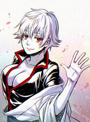  big_breasts canon_genderswap cleavage female female_only full_cleavage genderswap_(mtf) ginko_sakata gintama gintoki_sakata hadanugi_dousa kimono looking_at_viewer no_bra open_shirt popped_collar red_eyes rule_63 shero_terios short_hair smile solo upper_body very_short_hair waving 